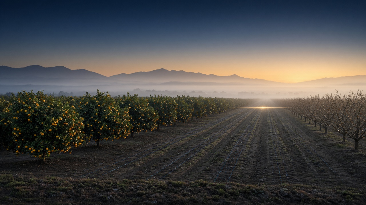 Citrus orchard rows in morning fog with the Sierra foothills behind