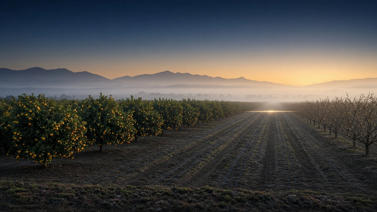 Orchard rows at dawn in tule fog, IT and ERP for Central Valley farms