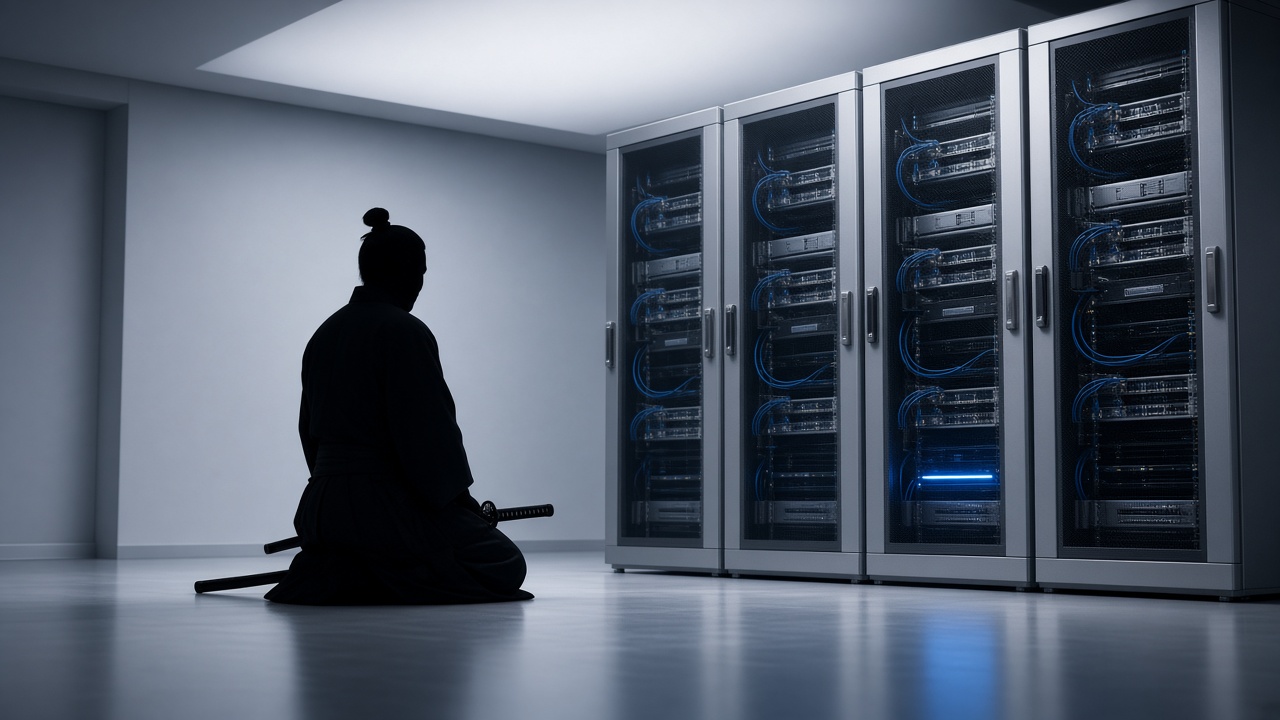 A samurai kneeling beside a row of server racks
