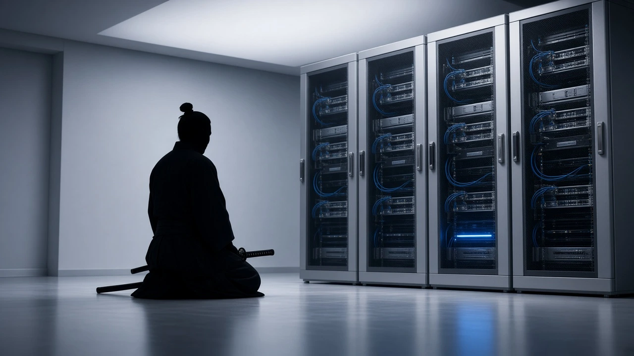 Samurai kneeling beside organized server racks, clean IT infrastructure